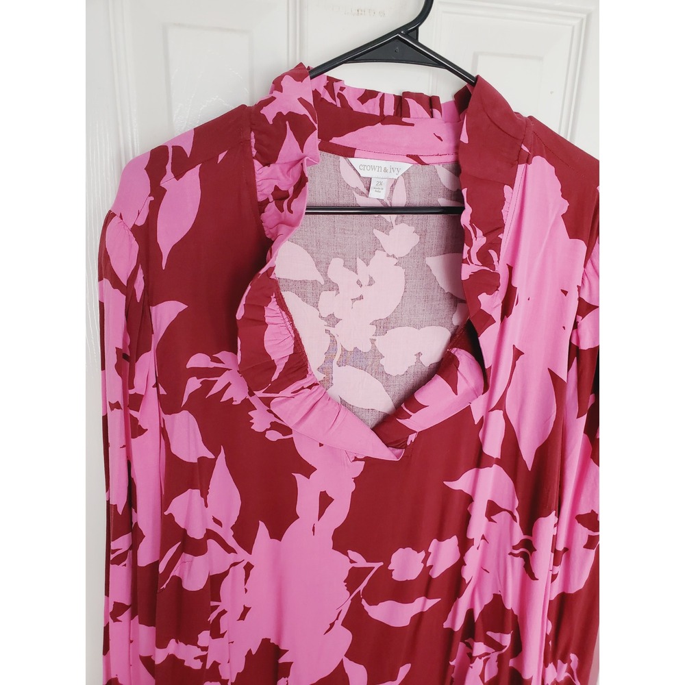 Crown & Ivy Blouse Pink Burgundy Floral Ruffle V-Neck Long‎ Sleeve Top Plus 2X